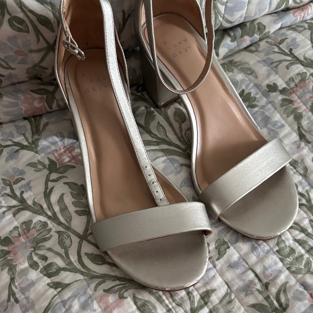 A new day Silver Ankle-Strap Block Heel Sandals